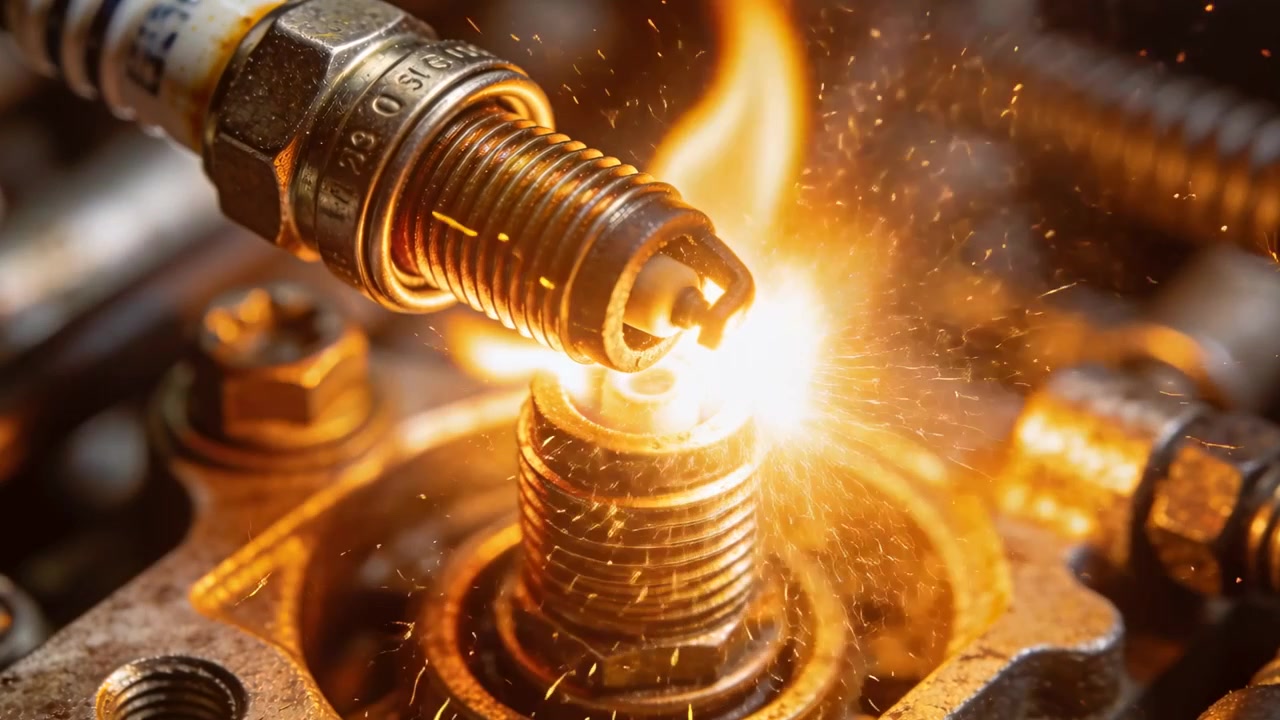 Une bougie d'allumage produit un arc et des étincelles qui s'atténuent ensuite, tandis que le fil d'allumage applique de l'énergie sur un établi.