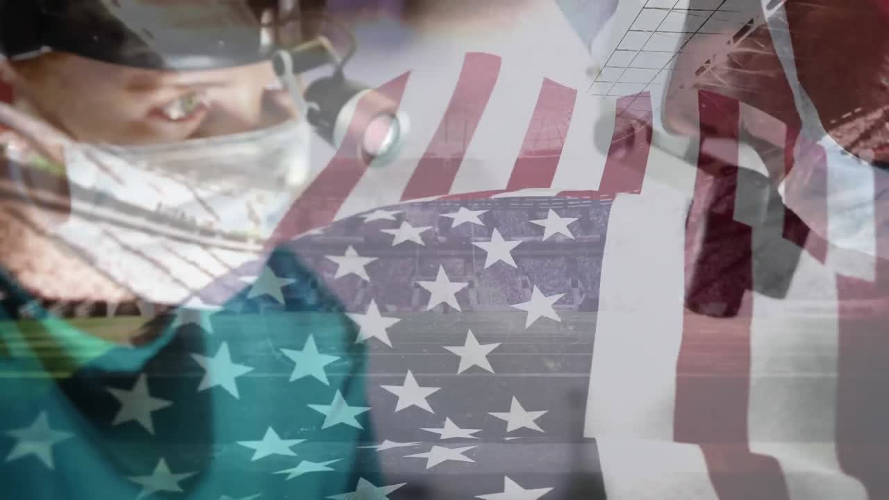 animación de la bandera de los estados unidos ondeando sobre los cirujanos con máscaras faciales