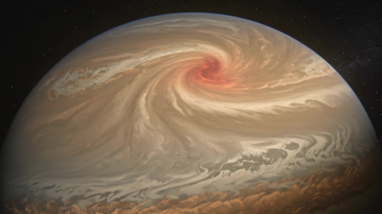 Mostrando un gigante gassoso nello spazio profondo tramite time-lapse, rivelando una rotazione vorticosa in senso orario guidata da una tempesta.