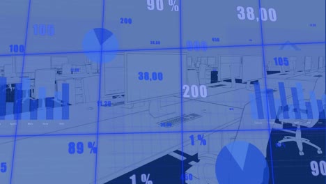 Animation-of-statistical-data-processing-over-grid-network-against-office-desk