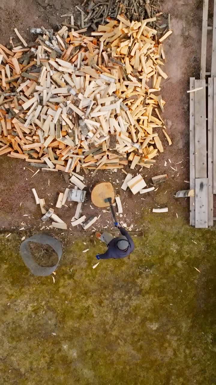 Aerial portrait above a person splitting wood with an axe, on a house yard
