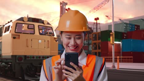 close up of asian female engineer with safety helmet using smartphone with freight cargo train at port