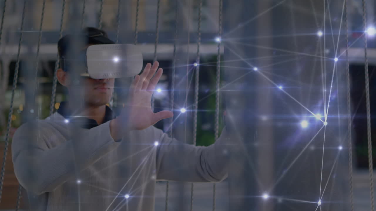 animación de la red de conexiones sobre el hombre de negocios que usa auriculares vr
