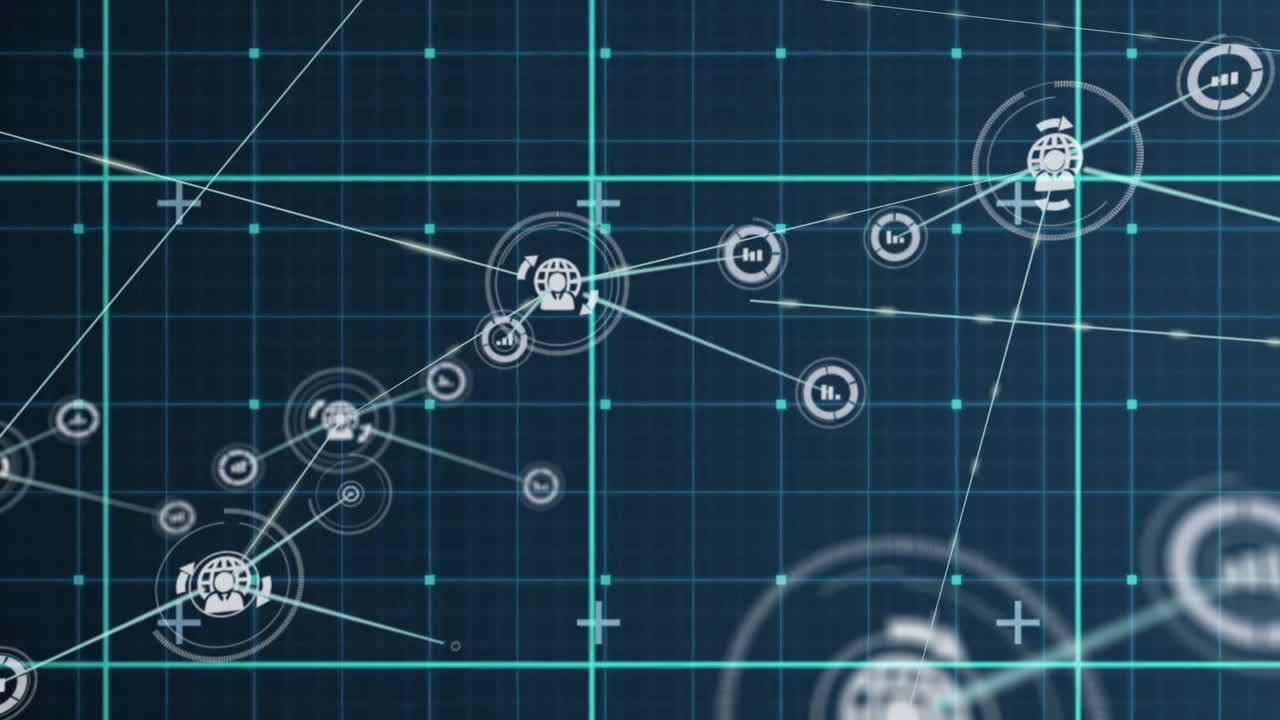 파란색 그리드 배경에서 네트워크 연결 및 데이터 처리 애니메이션