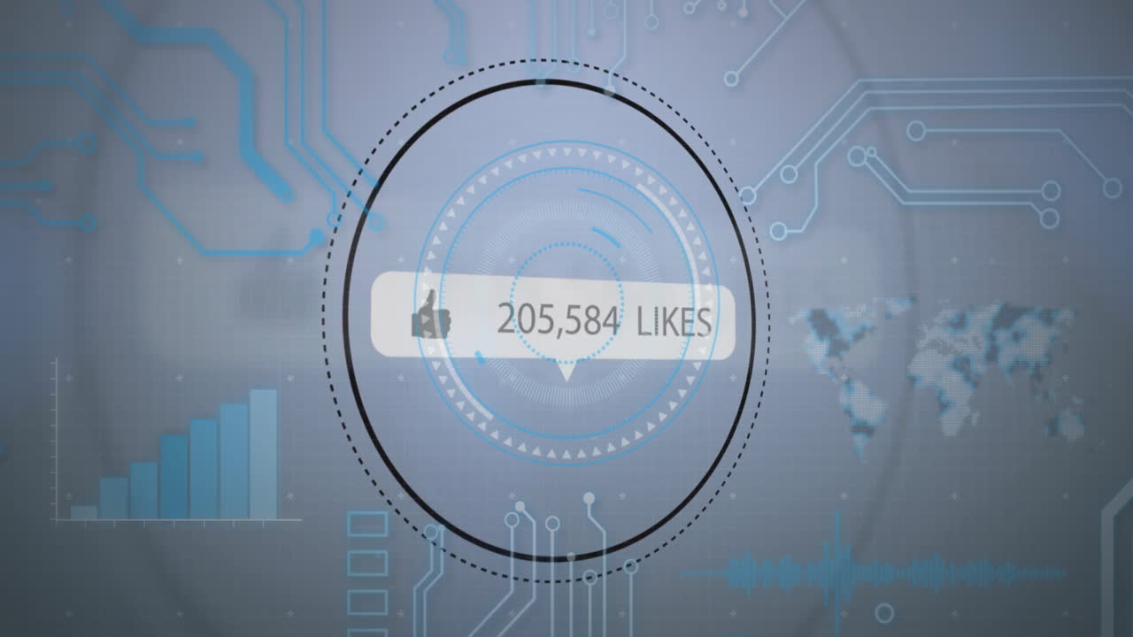 Animation of digital interface displaying likes over circuit patterns and data graphs