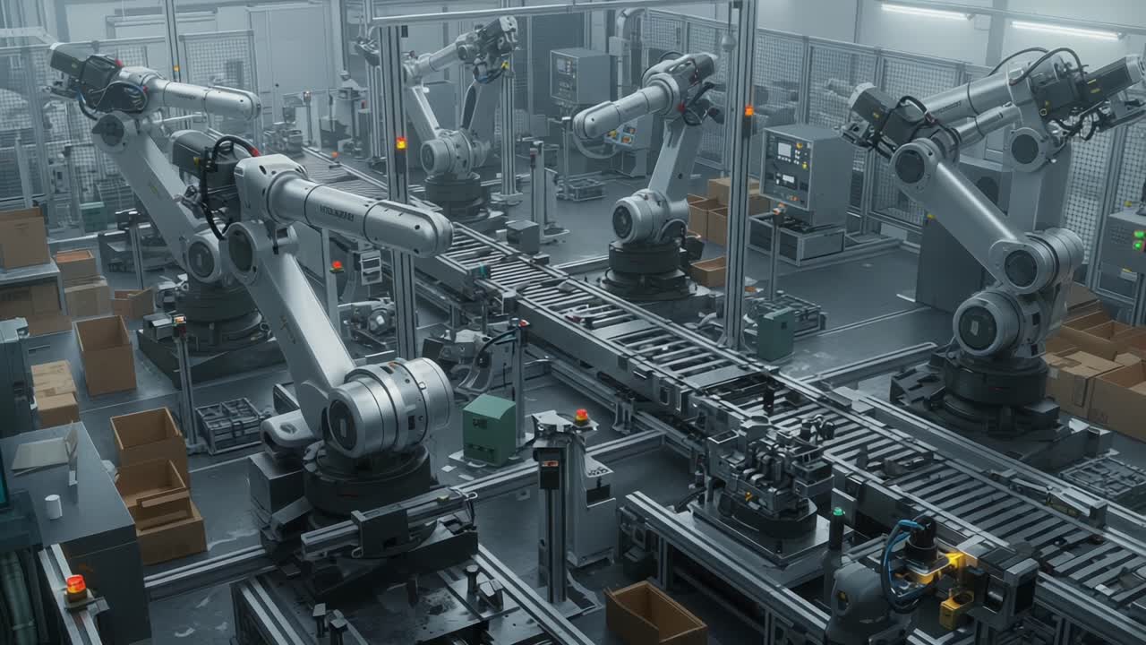 Advanced Robotic Automation in a High-Tech Manufacturing Facility: Efficient Robotic Arms at Work in a Streamlined Production Environment