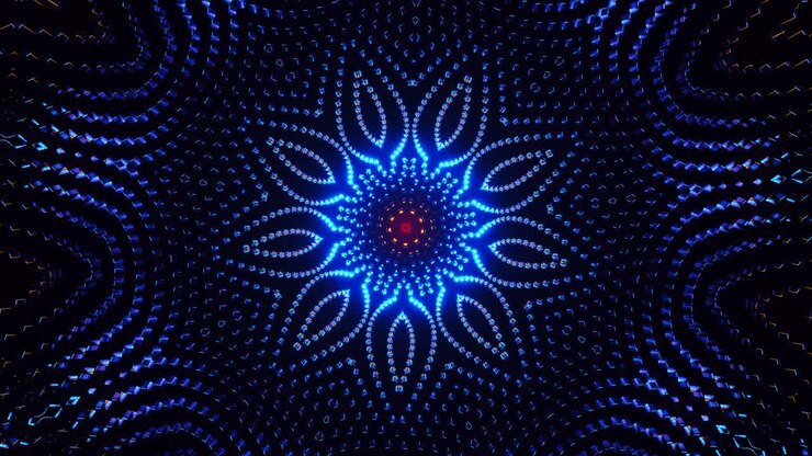 Flor azul e laranja com padrão psicodélico. Loop VJ de Caleidoscópio.