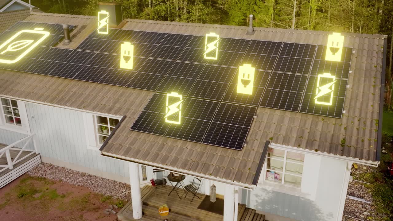iconos de electricidad y sostenibilidad en un techo de casa lleno de paneles solares - renderizado en 3d