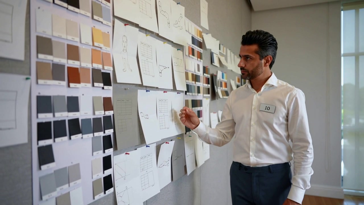 Uomo che cammina con distintivo sulla camicia (10), osserva una bacheca in ufficio, toccando campioni e confrontando colori, con spazio per il testo