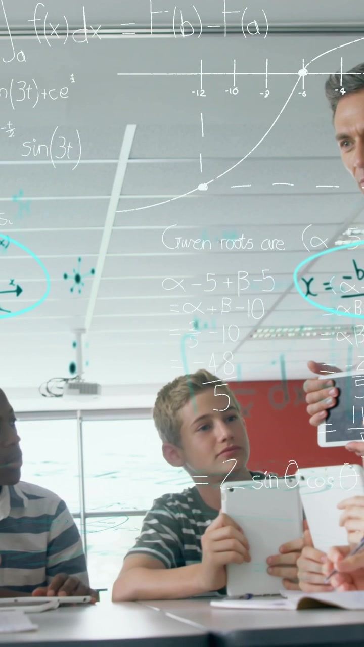 Mathematical equations floating against male teacher with digital tablet teaching group of kids