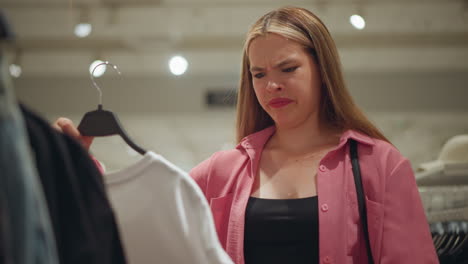 young lady wearing an unbuttoned pink top thoughtfully evaluates a white top with expressive eye movement indicating disinterest, she returns it to the rack, with clothes neatly arranged in the store