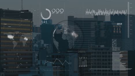 Animation-of-interface-with-data-processing-over-spinning-globe-against-aerial-view-of-cityscape