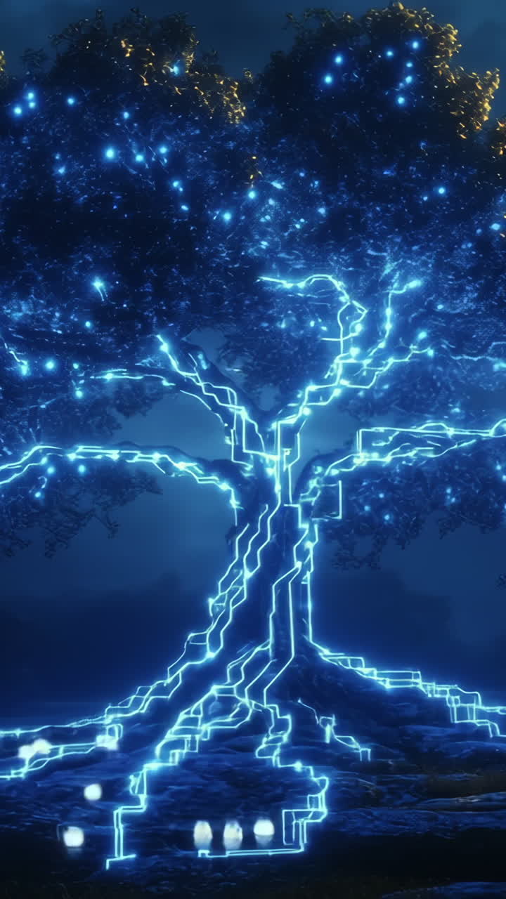 Glow tree with electric roots. A luminous tree stands against a dark sky, glowing with blue electric patterns. Its a mystical, nighttime display.