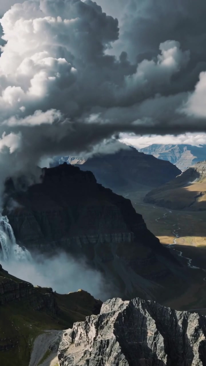 Vertical video: Sending waterfall mist feeding cloud mass growing over cliff and mountain valley