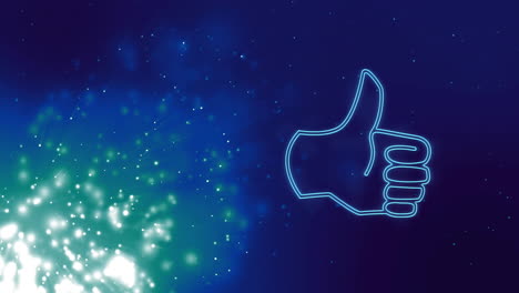 Animation-of-social-media-thumbs-up-icon-over-glowing-lights-over-dark-background