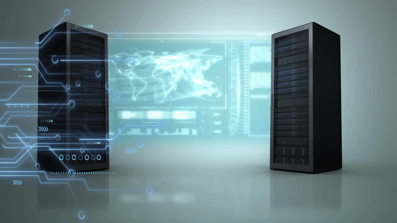 Animation of data processing and world map over servers