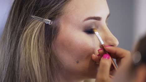 woman make-up artist paints a blonde girl in a beauty salon