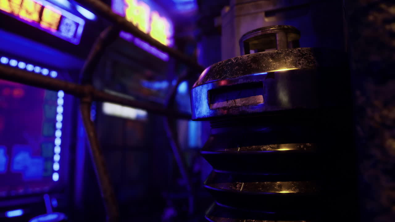 Neon lit urban environment showcasing industrial design elements at night