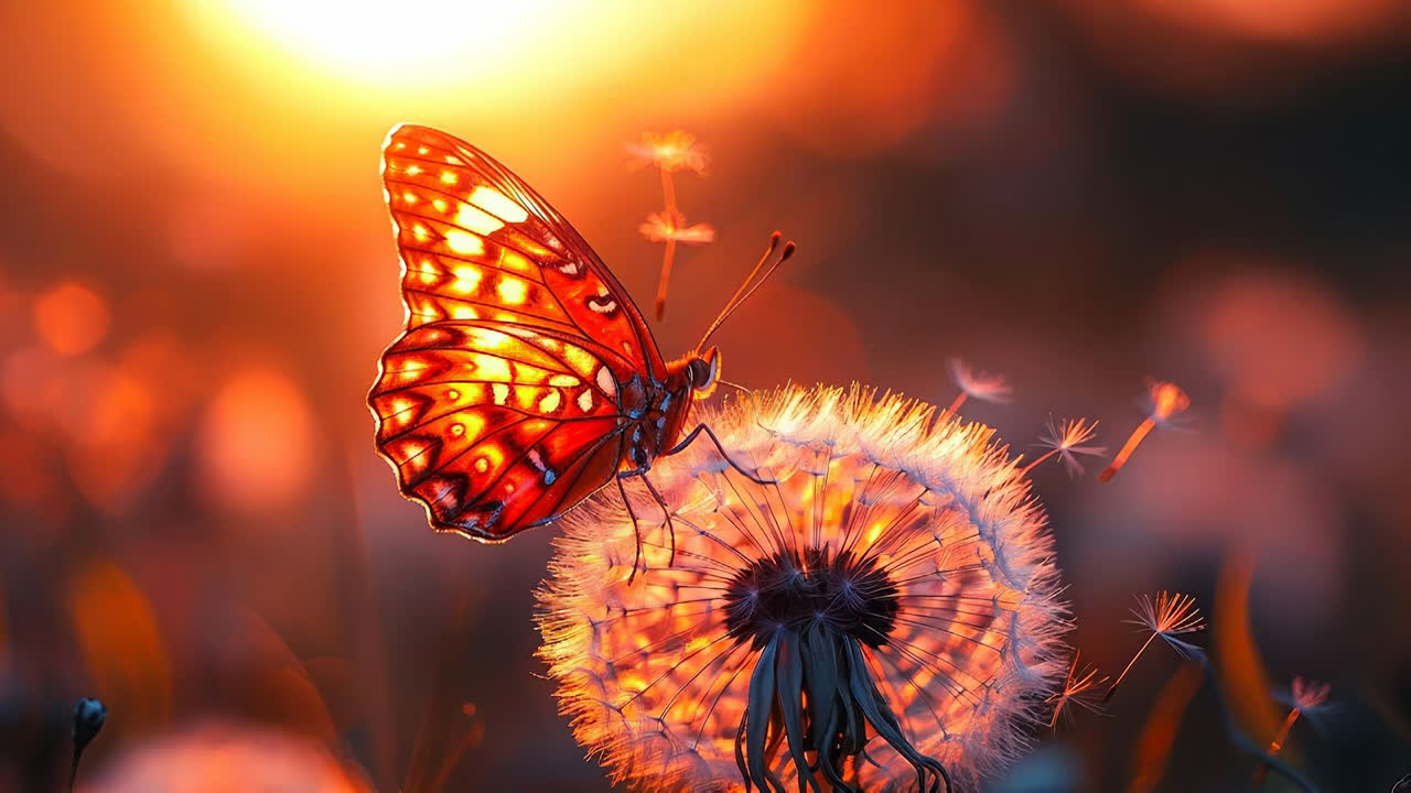 Una farfalla su un dente di leone al crepuscolo. C'è una farfalla su un dente di leone con un tramonto sullo sfondo. La scena mostra colori caldi e movimenti delicati.