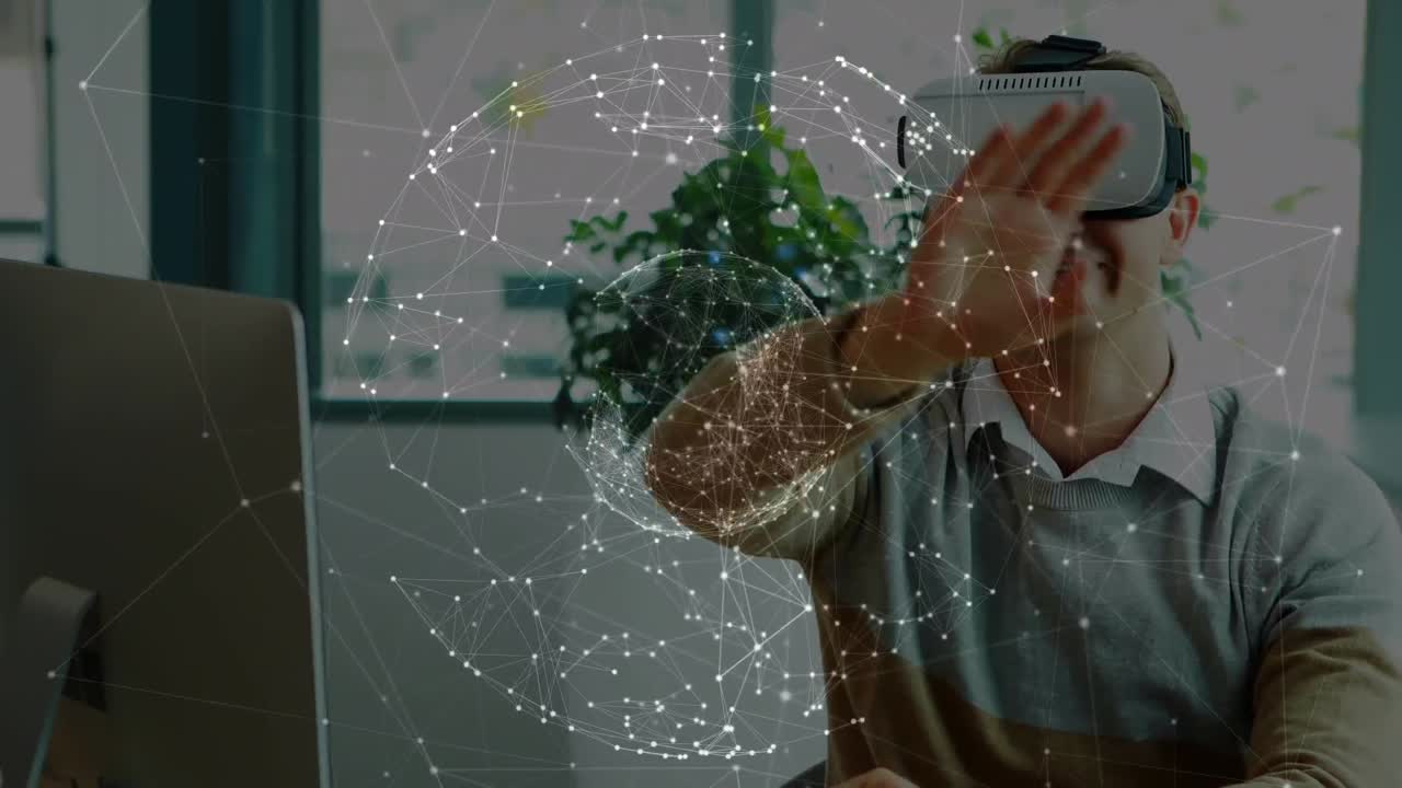 animación de la red de conexiones sobre el hombre de negocios caucásico usando auriculares vr