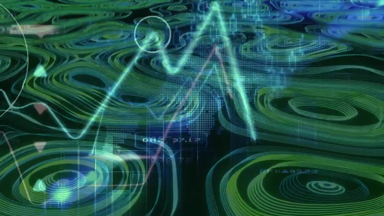 Animated 3D contour network pulsing over dark background, showing neon lines, grid and data points