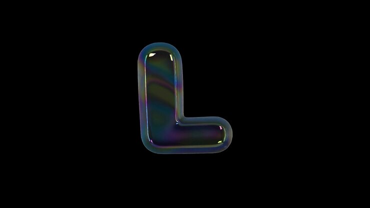 Lettera L a bolla iridescente che fluttua su sfondo nero