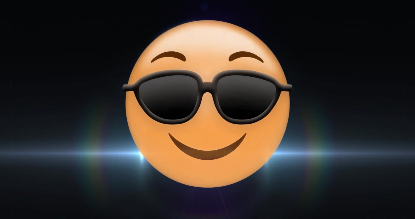 Emoji sorridente con occhiali da sole che appare gradualmente mentre bagliori di luce si muovono e pulsano per uno sfondo dinamico