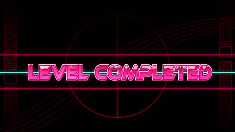 animation of level completed text in pink metallic, over neon lines on black