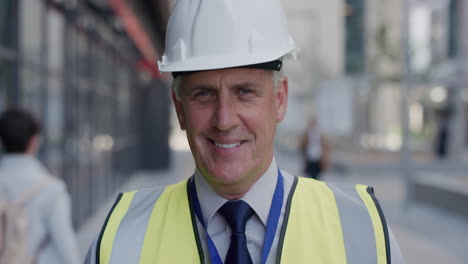 portrait confident senior construction engineer man smiling enjoying professional career success wearing hard hat safety helmet slow motion reflective clothing