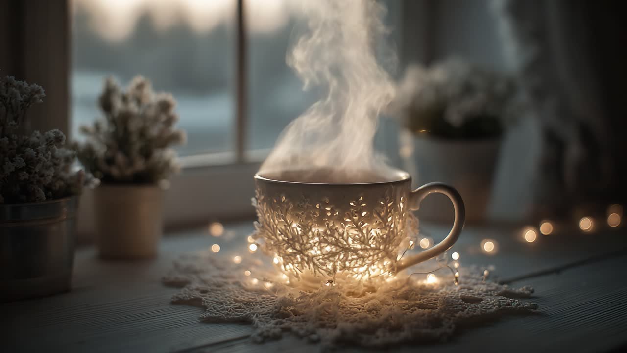 A Whimsical Tea Moment: A Beautifully Crafted Cup with Ethereal Steam, Set Against a Soft Background with Delicate Lights and Nature's Touch