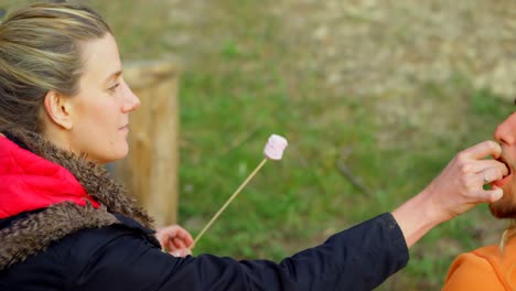 mujer joven alimentando a un hombre con malvavisco cerca del fuego de campamento 4k