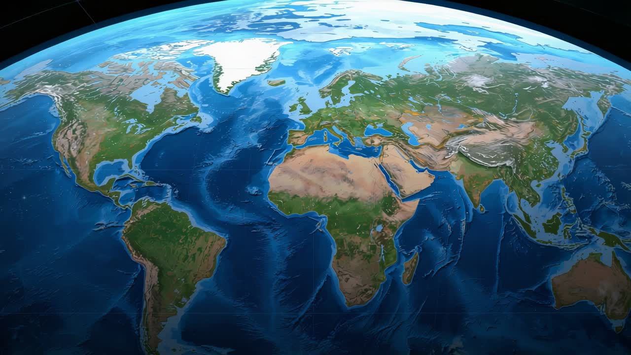 Emisfero di centratura, rendering in 3D del globo terrestre che ruota lentamente all'interno della cupola, mantenendo l'Atlantico al centro