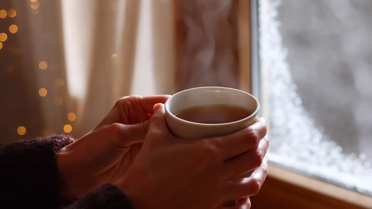 Hands holding a steaming hot drink by a snowy window on a cozy winter day