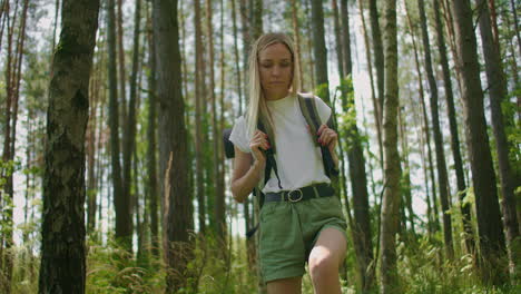 Imágenes-En-Cámara-Lenta-De-Una-Mujer-Caminando-Por-Un-Camino-Forestal-Con-Una-Mochila-A-Través-De-Un-Bosque-De-Pinos-A-Través-De-La-Hierba