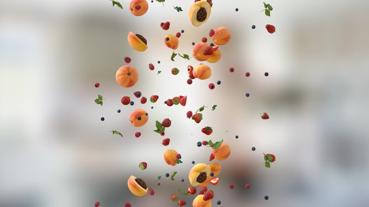 melocotón frambuesa fresa frambuesa batido de frutas cayendo bucle de giro con fondo y alfa