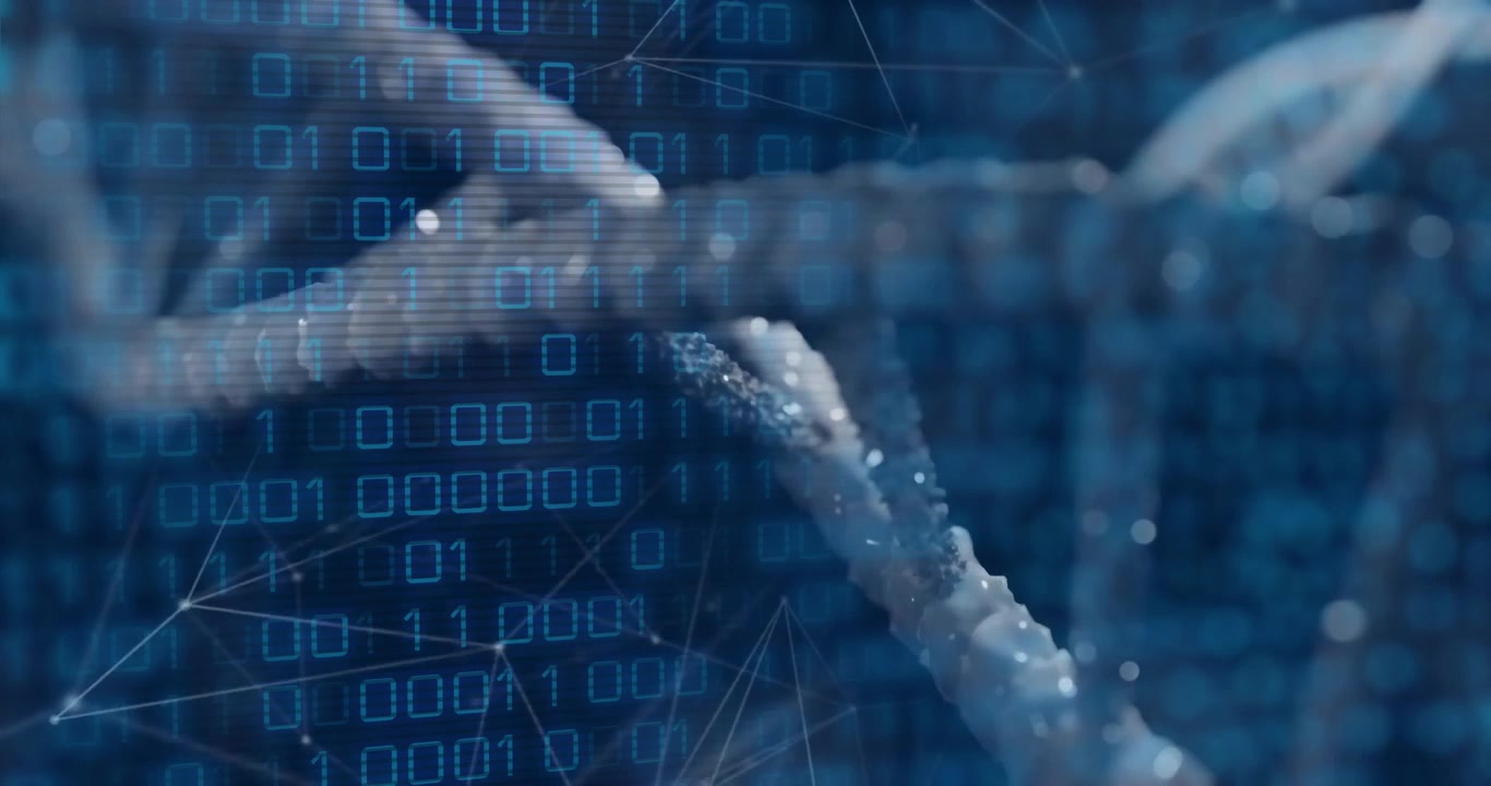 Camera zooming panning right revealing DNA helix binary streaming nodes emerging visualizing genome