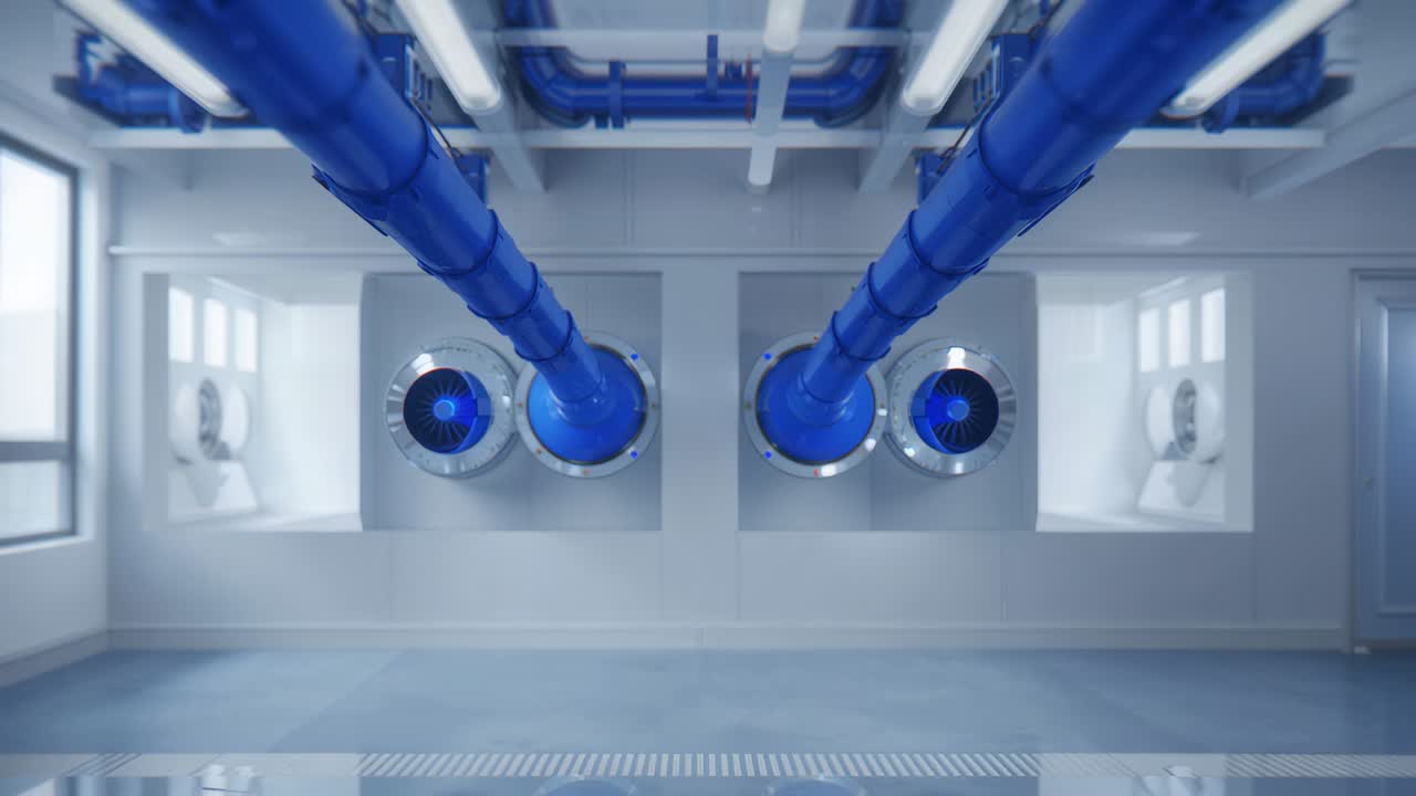 Shifting viewpoint making large blue pipes with lit flanges in utility room, with vents and windows
