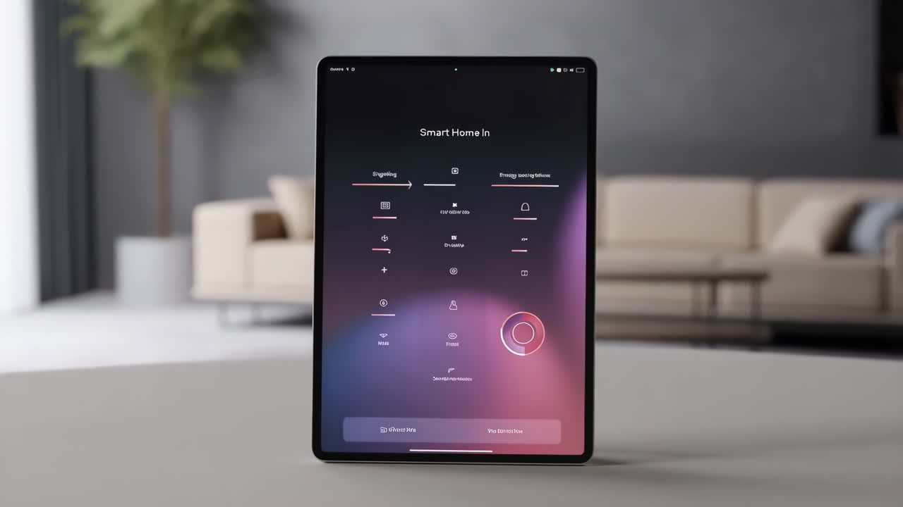 Tablet displaying a Smart Home automation interface in a modern living room