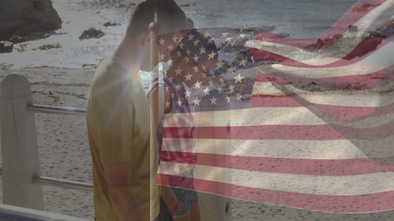 Walking on beach, people with American flag animation overlay near ocean waves