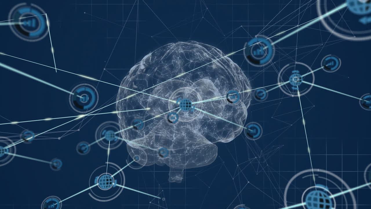 Animation of digital brain with interconnected nodes, showcasing neural network technology