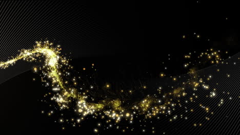 animación de fuegos artificiales de oro brillante sobre líneas curvas paralelas blancas, moviéndose en negro