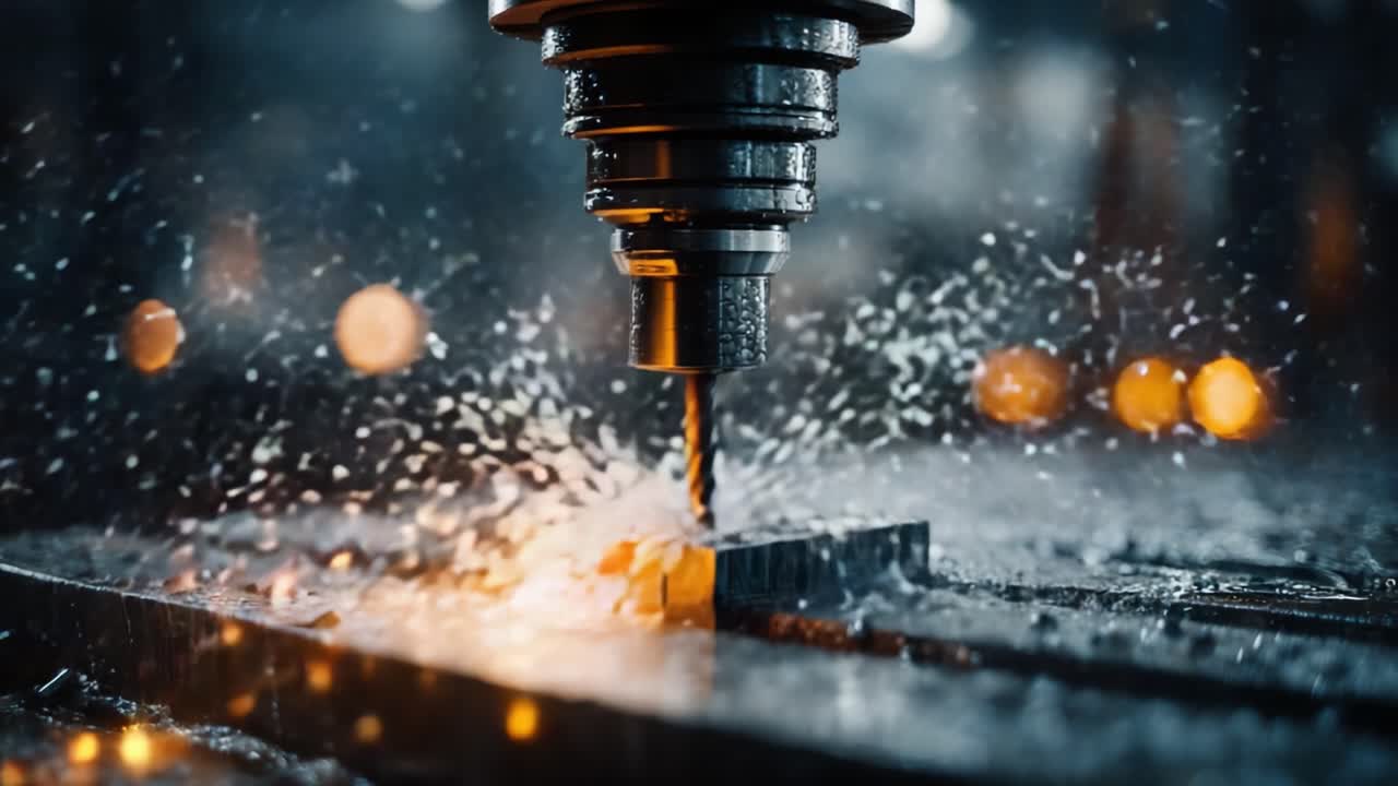 Lavorazione di Precisione: Una Vista Ravvicinata di una Fresatrice CNC che Taglia il Metallo con Dinamiche dei Fluidi e Scintille, Catturando l'Arte della Fabbricazione Metallica in Azione