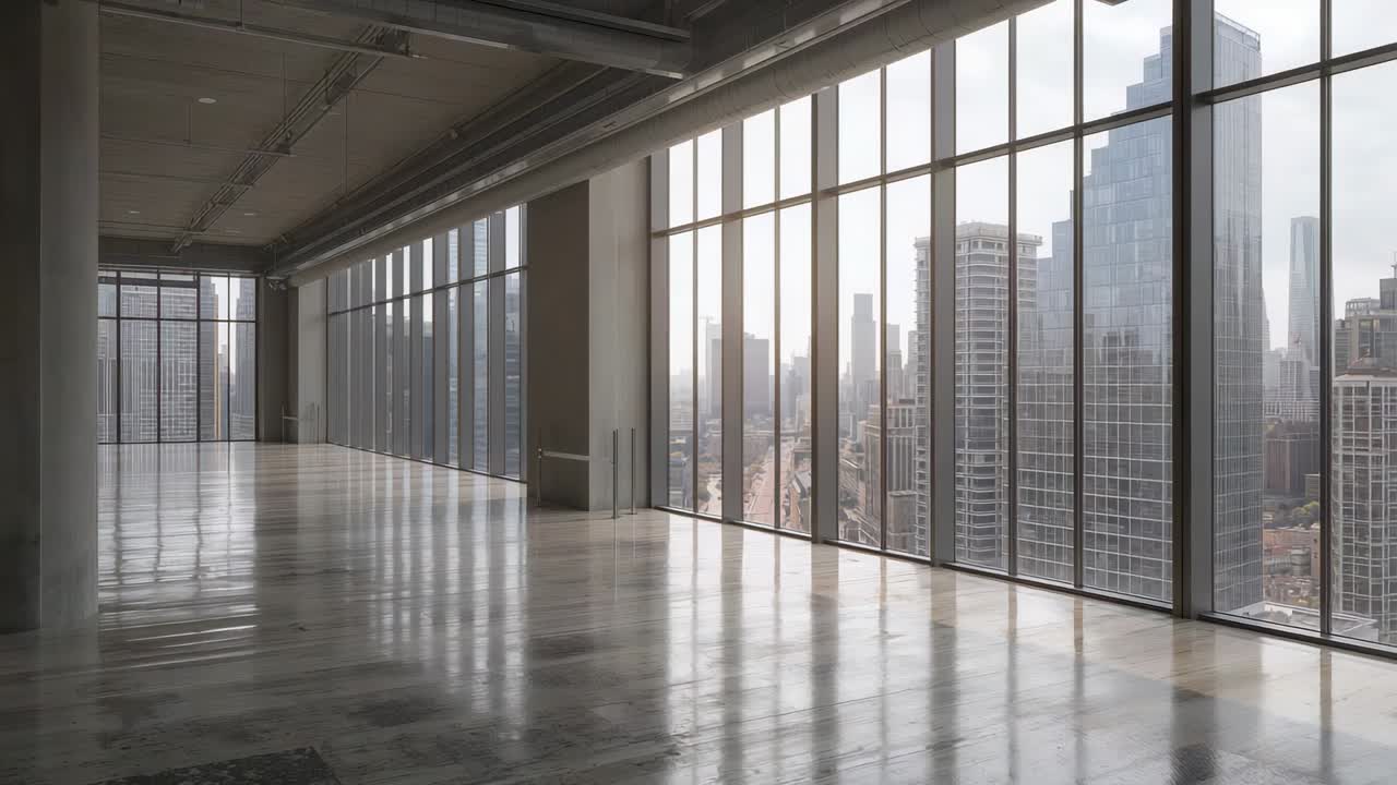 La telecamera inizia a registrare mostrando un loft vuoto al piano superiore, documentando le finestre e il pavimento levigato