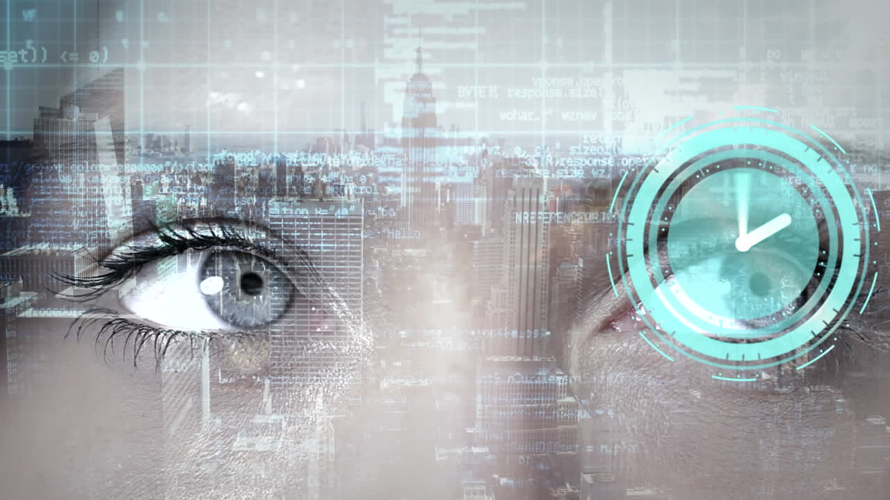 animación de los ojos de la mujer y el reloj sobre el paisaje urbano