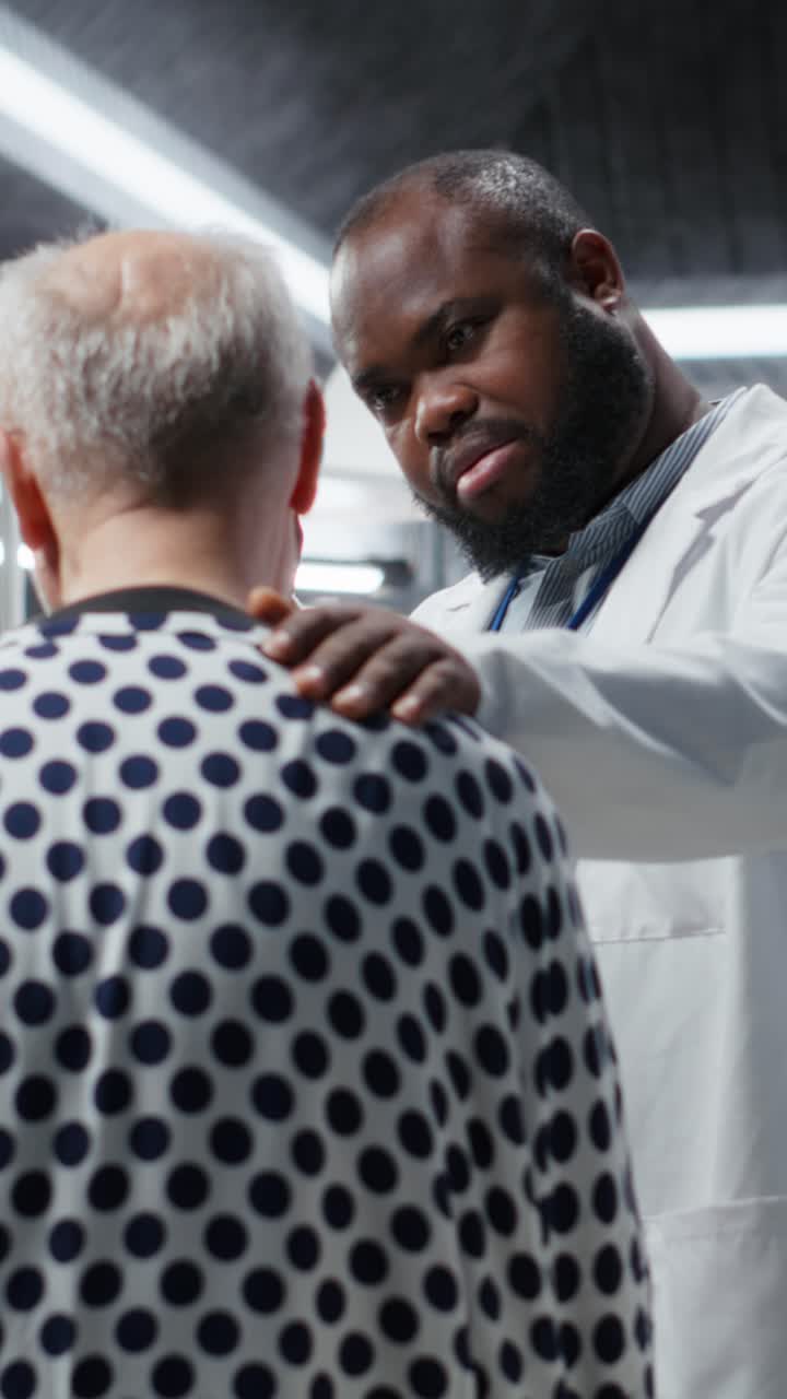 Vertical Video Doctor and nurse in a clinical trial institute examining a patient
