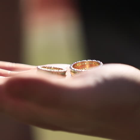 the groom holds gold wedding rings on the palm. wedding concept.