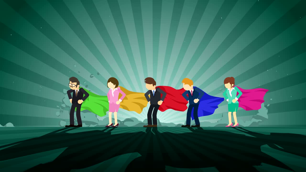 스포트라이트에 서있는 슈퍼히어로: 비즈니스 팀 우승자 상징, 팀워크 및 성공 개념, 코 루프 애니메이션