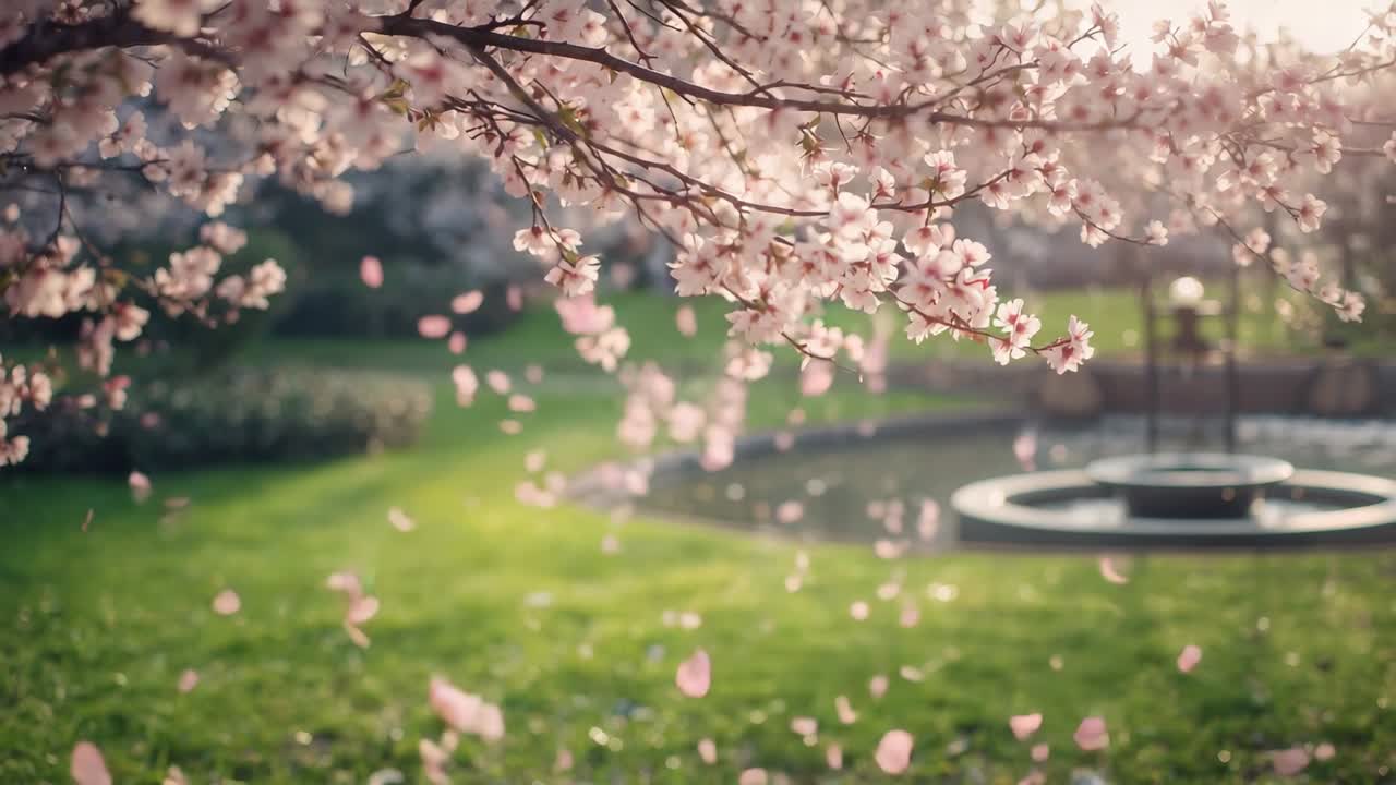 Swaying cherry blossom branch releasing pink petals above garden fountain, breeze causing drift