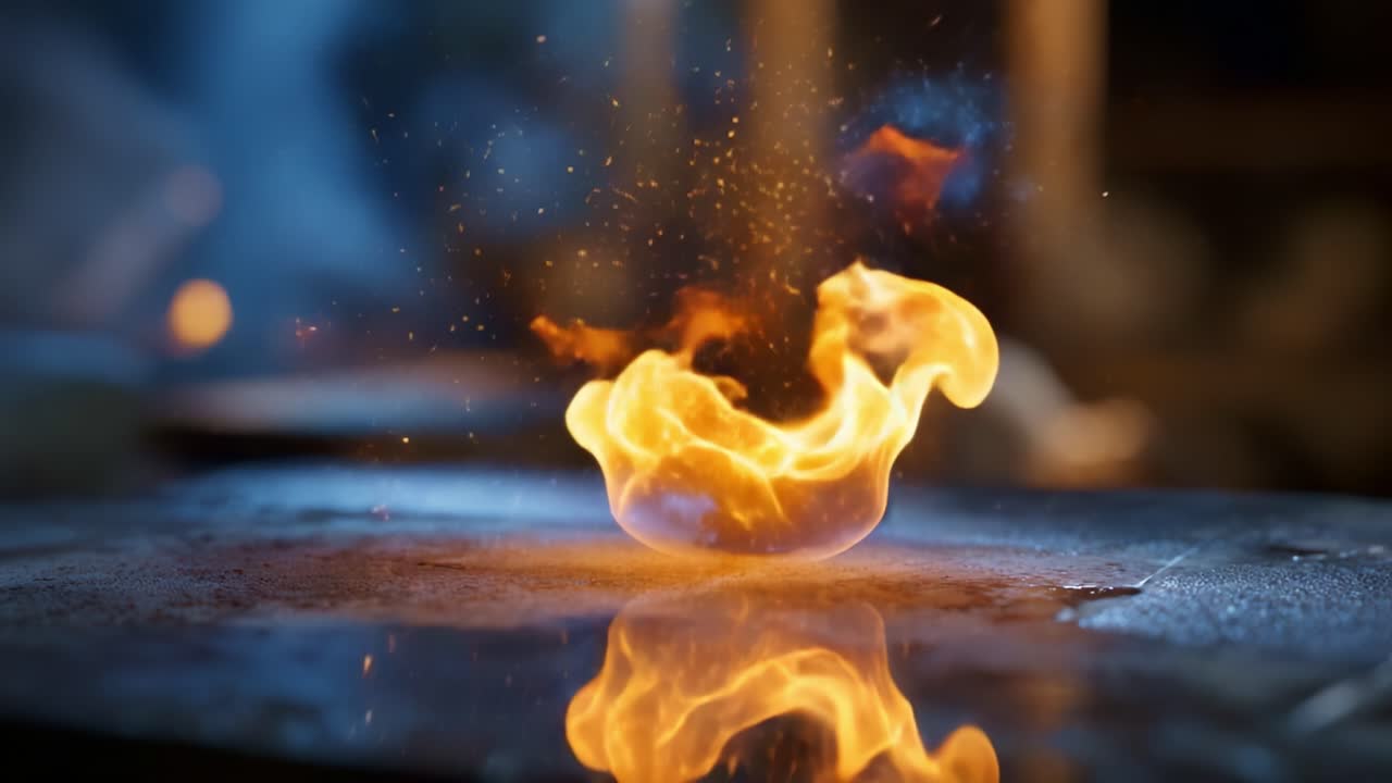 Des flammes illuminées dansent dans un espace sombre, se reflétant avec audace sur une surface, captivant le spectateur par leur éclat doré et leur mouvement dynamique.