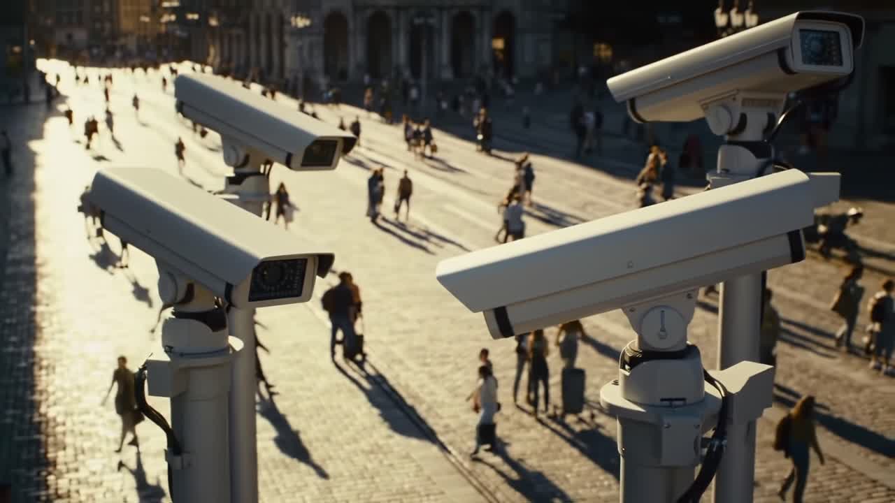 A Panoramic View of Surveillance Cameras Overlooking a Busy Urban Street During Golden Hour, Capturing the Movement of People Below in a Bustling Environment